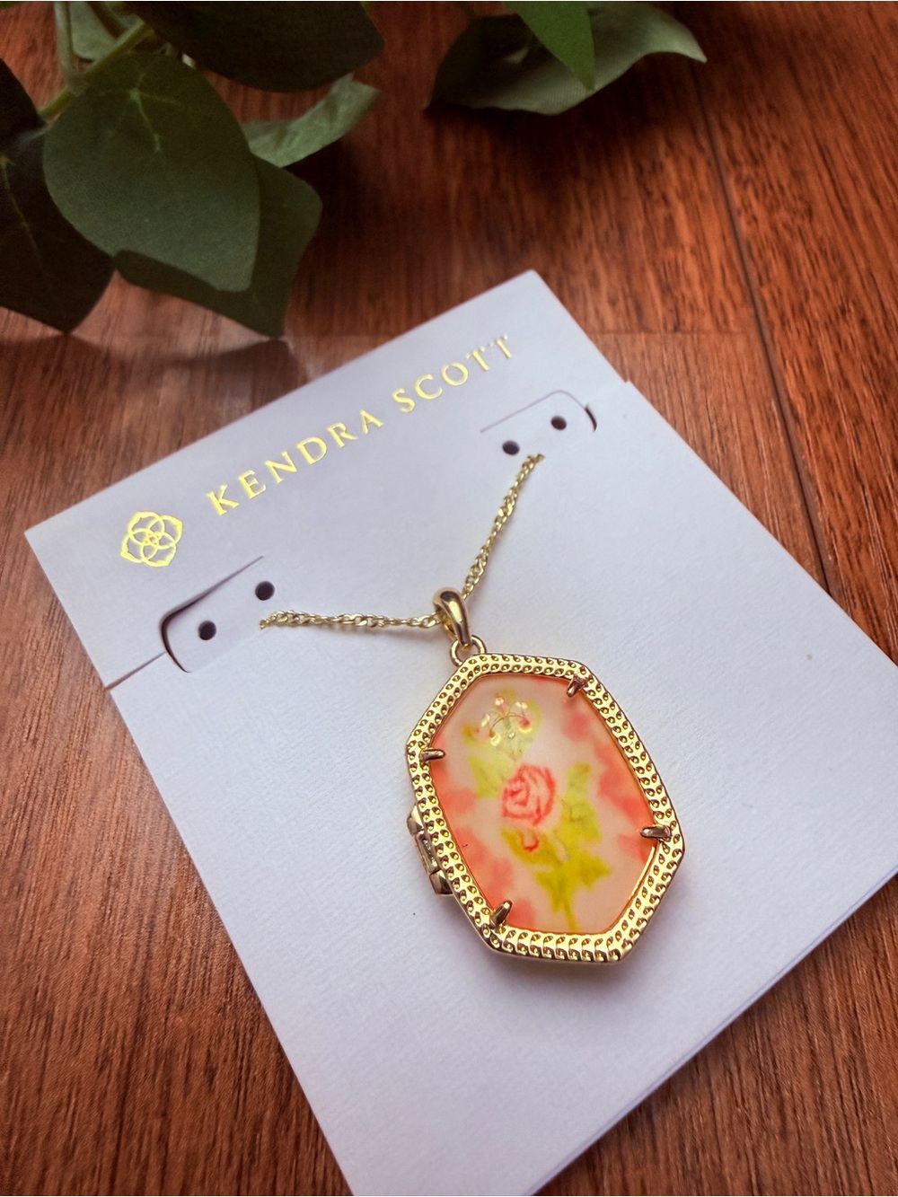 Kendra Scott Gold Pendant Necklace with Pink Rose Motif